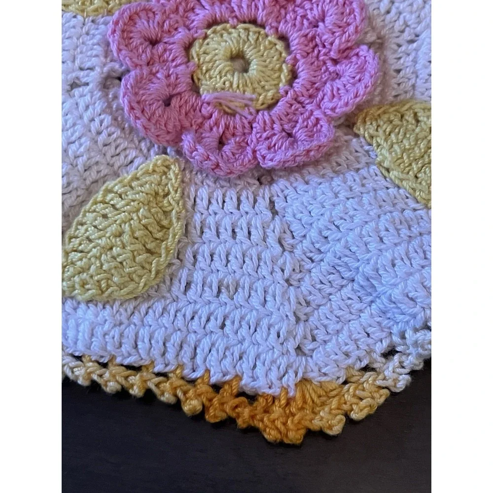 Set of 2 Crochet Hot Pads Trivets Floral Handmade Farmhouse Kitchen Decor